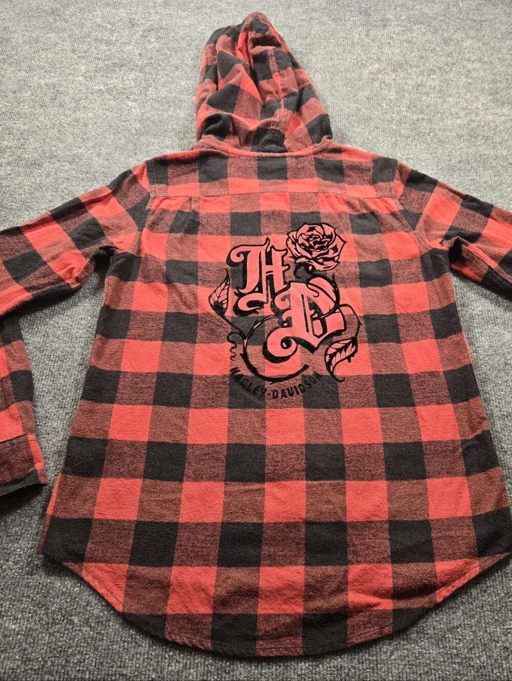 Harley-Davidson Genuine MotorClothes Red Black Buffalo Plaid Hooded Flannel Sz S